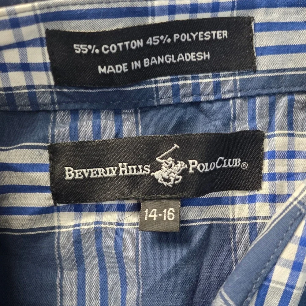Beverly Hills Polo Club Button Front Shirt Long Sleeve Boys 14-16 Blue Plaid